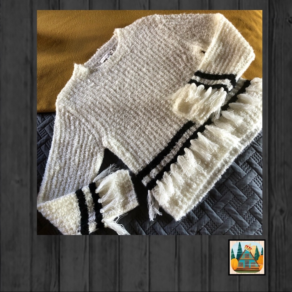 Cozy Fringe Trim Women's Sweater - Cream with Black Trim